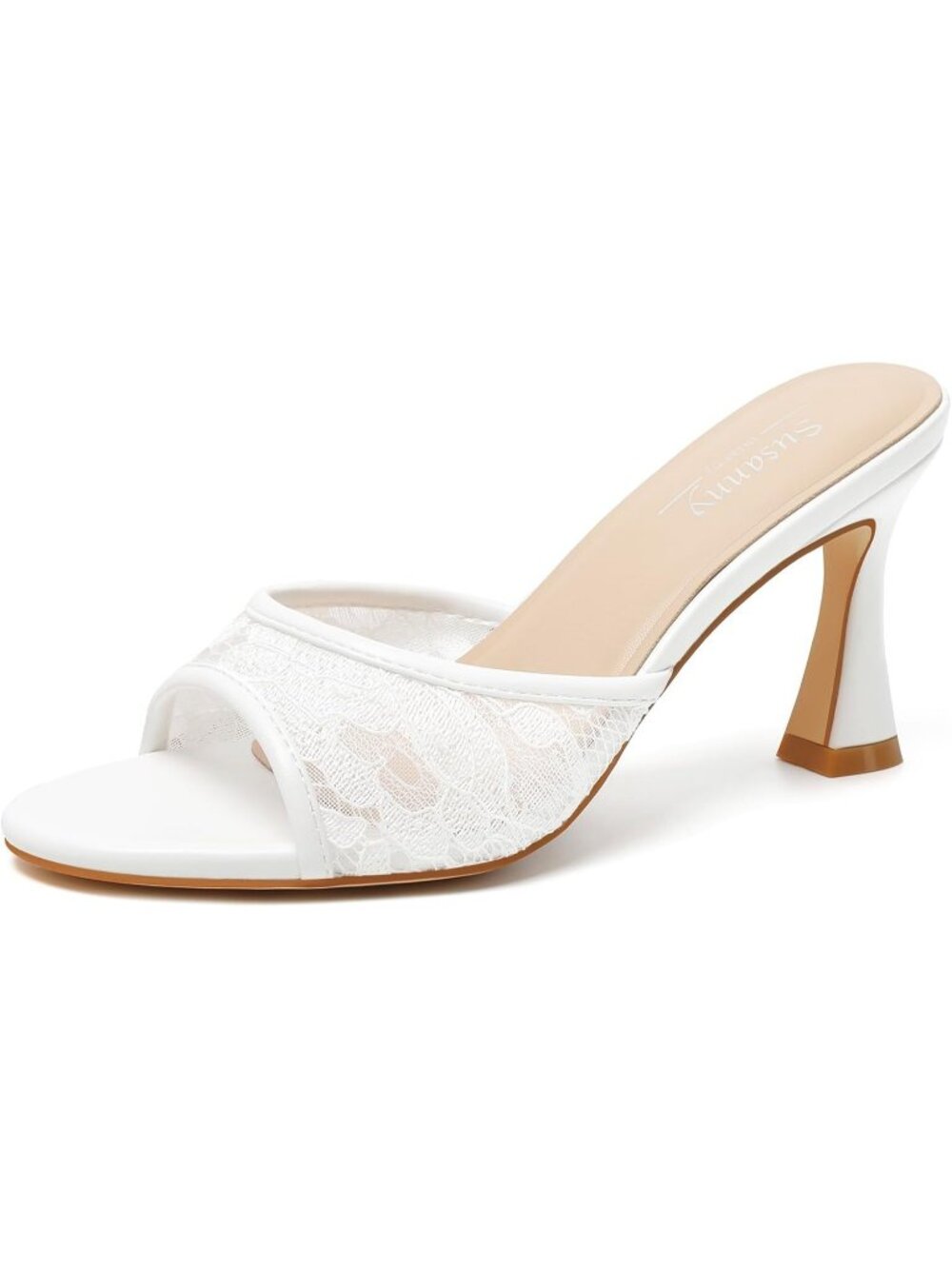 Women's White Lace Mule Open Toe Strappy Chunky Block Stiletto High Heels Shoes